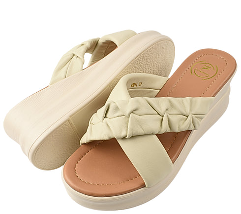 Papuci casual, dama, FORMAZIONE, 49011 crem, piele naturala, platforma